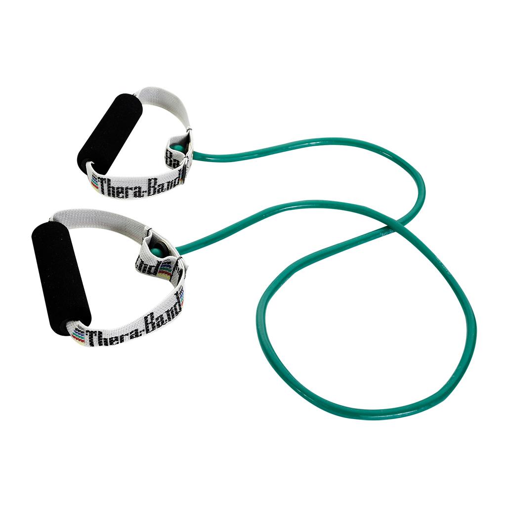 Theraband Tubing ar rokturiem 1,4 m pretestības gumijas lente, zaļa. Preces kods: 21342