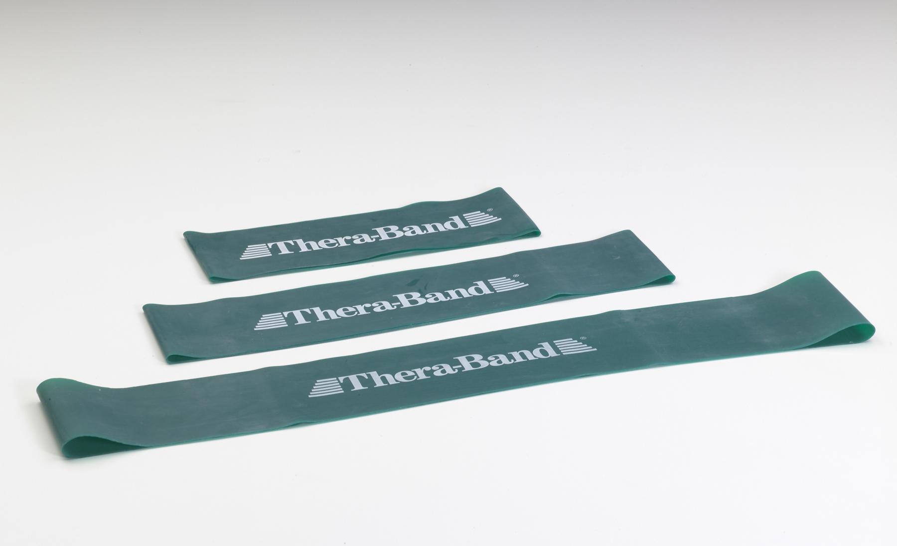 Theraband Loop pretestības gumijas lentes zaļā krāsā visos garumos.