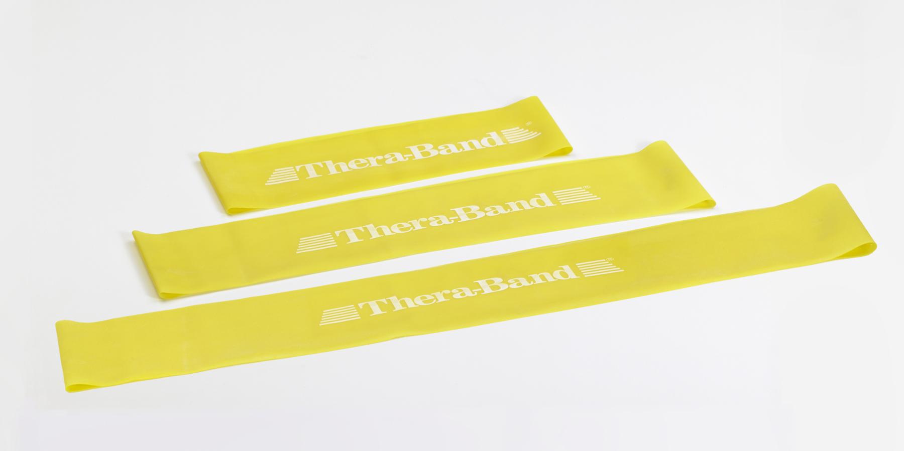Theraband Loop pretestības gumijas lentes dzeltenā krāsā visos garumos.